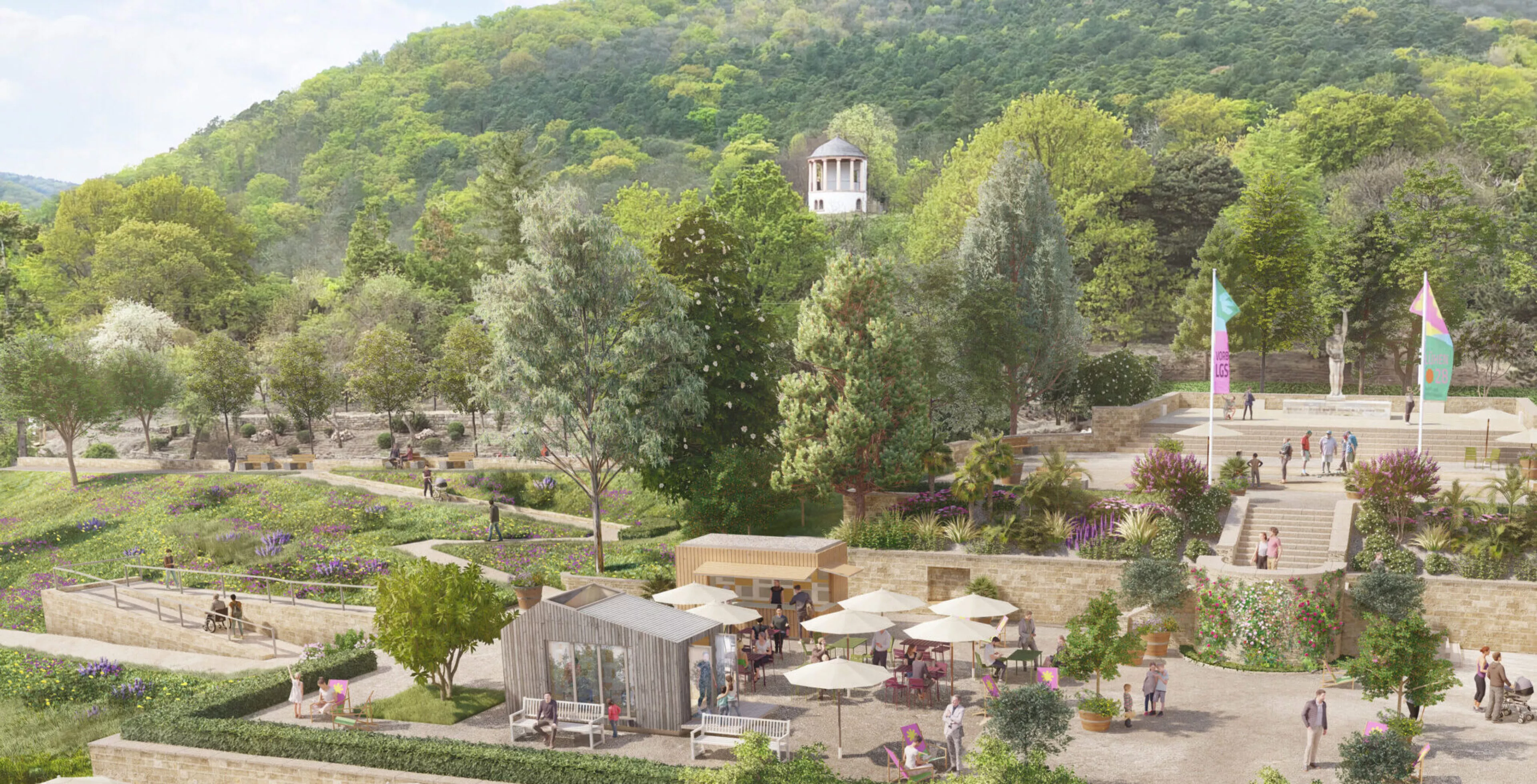 Eine Visualisierung der Dr. Welsch-Terrasse während des Vorblühens in 2027,
